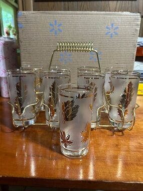 Vintage Libby high ball Gold Leaf Frosted Glasses with Carrying Rack - Set of 9